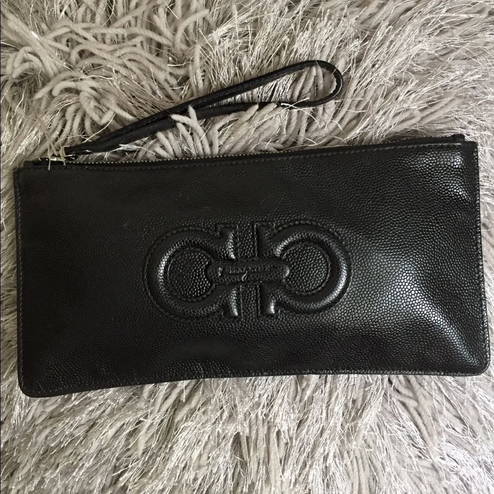 Salvatore Ferragamo Black Leather Wristlet Clutch